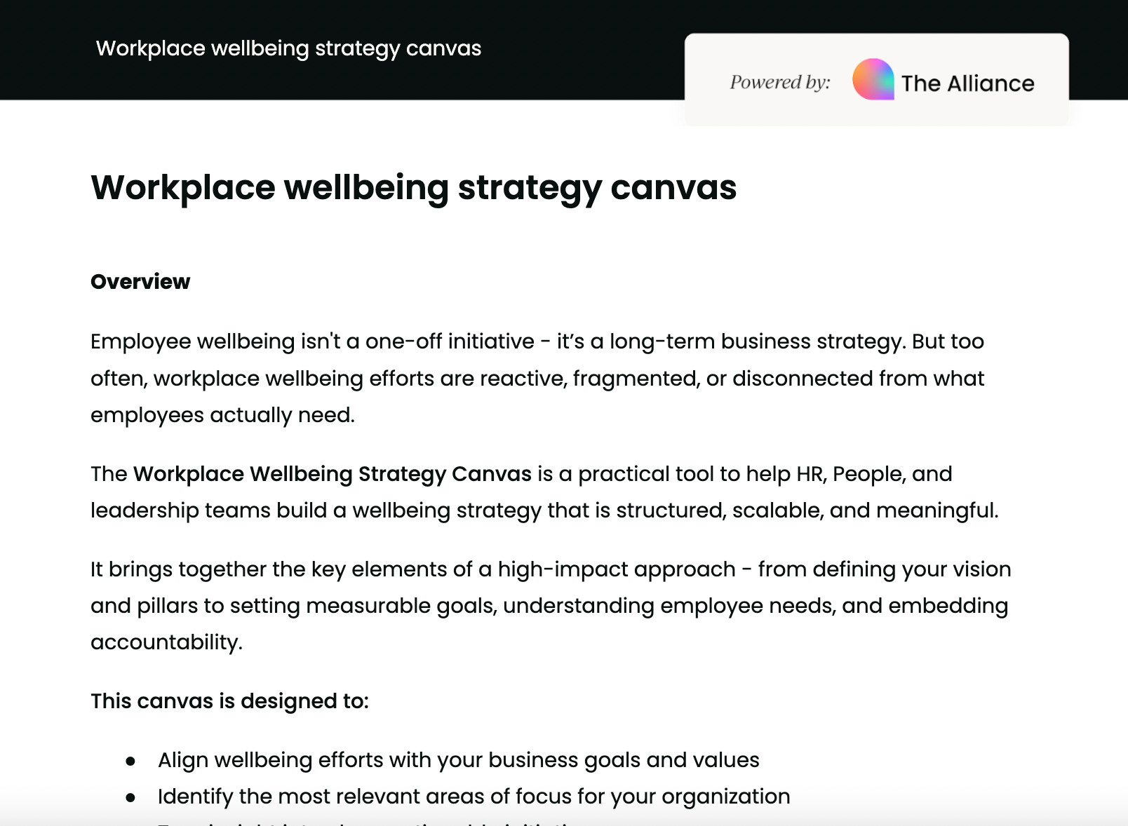 Workplace wellbeing strategy canvas template